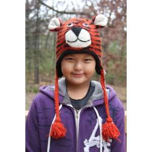  Lungta Kids Size Tiger 100% Wool Pilot Ski Animal Cap 