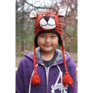 Kids Tiger 100% Wool Pilot Ski Animal Cap / Hat With Fleece Lined Pom 