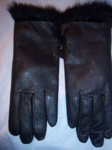 Ladies Leather Gloves w/RABBIT FUR lin & Cuff trim, Brown