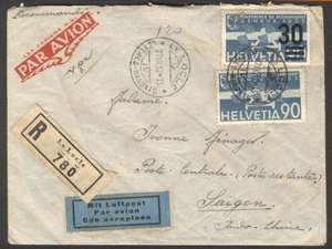 Switzerland To Saigon Indo China Air Register Cover 1937 w 2 Stamps L 