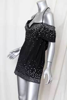 MOSCHINO Black Off Shoulder Strappy Silver Studded Blouse Top Tunic 