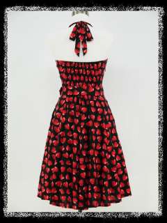   BLACK & RED HEART PRINT 50s ROCKABILLY SWING PROM VINTAGE DRESS 14 22