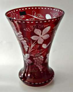 Egermann Ruby Cut to Clear Large Trumpet Vase Grapes  