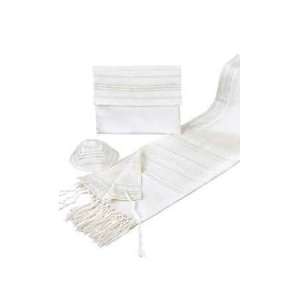  Vee Silk Tallit Set Prayer Shawl in Off White Background 
