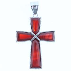 Pendants   Red Carnelian Taper Inlay Cross On Silver Plated Base 