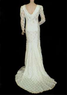 Vtg 80s 20s Flapper Drop Waist Fishtail Wedding Dress S M Ivory 