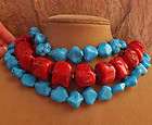 TURQUOISE BLUE RED CORAL 3 STRAND NECKLACE HUGE CHUNKY BLUE PEACH PINK 