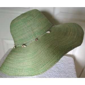  Floppy Beach Straw Hat   Green Adorned with Sea Shells 