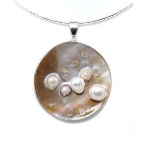  Mother of Pearl & Blister Pearl Disk Silver Pendant 2.56x2 