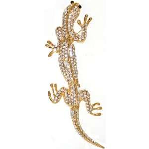  Large Articulated Lizard Pin In Crystal with Gold Finish 