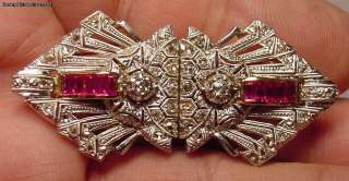 Art Deco 18k Diamonds Rubies Double Brooch Clip  
