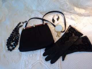 Vintage Jewelry Lot + Ande Retro Handbag + Black Leather/Lace Gloves 