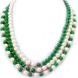  3 Row Green Jade & White Pearl Christmas Necklace Jewelry