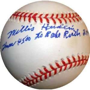  Willis Hudlin autographed Baseball inscribed Ruths 500 HR 