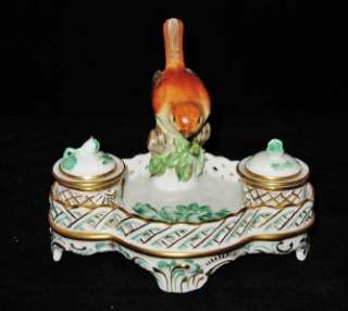 Vintage Herend Double Inkwell with Bird Printemps Green  