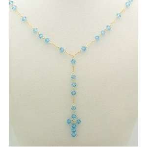  14K Yellow Gold Rosary Style Necklace Blue Crystals 18 