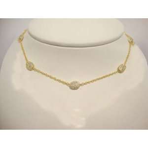  Thin Link Style Necklace with Pave CZ Ovals in Yellow Gold 