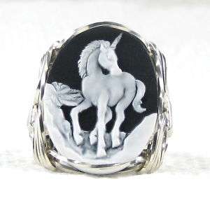 Mystical Unicorn Cameo Ring Sterling Silver  