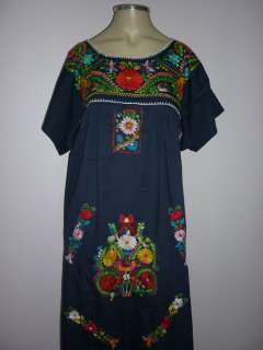 Navy Blue Peasant Vintage Tunic Embroidered Mexican Dress S M  