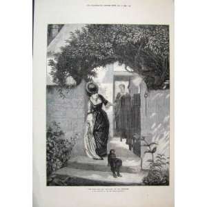  1871 Woman Gate Dog Garden Beautiful Antique Fine Art 