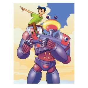  Boy on Shoulder of Robot Giclee Poster Print, 18x24