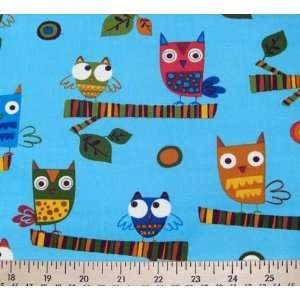  Owls on Turquoise Background Fabric AAS 9830 169 One Yard 