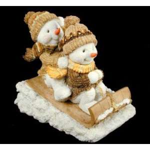    Christmas Figurine Snow Men in Wooden Sleigh