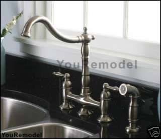 BRUSHED NICKEL BRIDGE KITCHEN FAUCET with SPRAYER ~NEW  