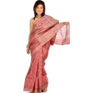  Cerise Sari from Kolkata with Floral Print   Pure Silk 
