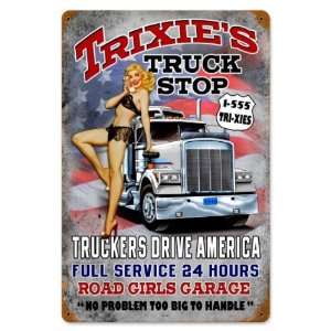  Trixies Truck Stop Pinup Girls Vintage Metal Sign   Garage 