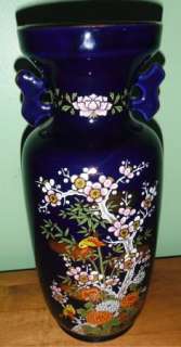 Large Vintage Vase Urn Navy Blue Cherry Blossoms Floral Gold Trim 