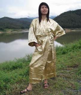 CHINESE SILK DRESSING GOWN Asian Script Golden Beige L  