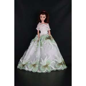  White Ball Gown with Green Flowers Made to Fit the Barbie 