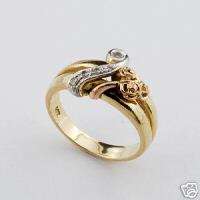 Ladys 14K Solid Tricolor Gold Rose Motif Diamond Ring  