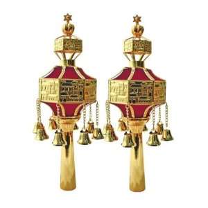   Gold Rimonim with Jerusalem, Bells and Red Trapezoids 