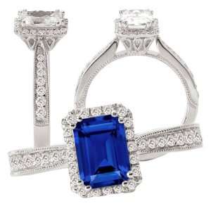 18k Chatham 7x5mm emerald cut blue sapphire color #3 engagement ring 