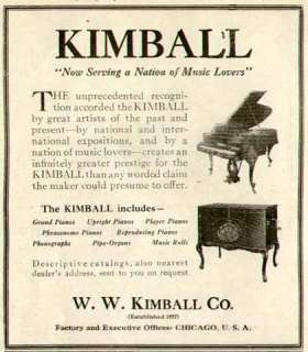 RARE 1922 AD FOR KIMBALL PHONOGRAPHS & GRAND PIANOS  