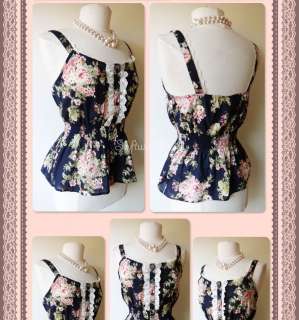   Floral Vintage Style Lace Trim Smocked Button Down Blouse Top  