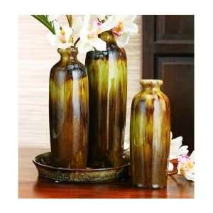    Reactive Candle Set Of Three Green Tinged Vases