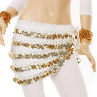 Belly Dance Hip Scarf White Velvet 508 Gold Coins  