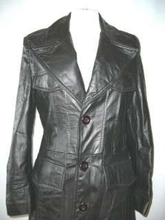 Vintage 70s Black Leather Coat Fur Lining Women Men 38  