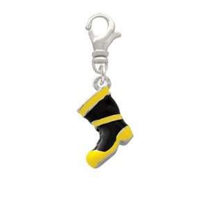 Black and Yellow Enamel Firefighter Boot   3 D Silver Plated Clip on 