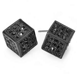 Black Stud Earrings 14 mm x 11 mm Ice Cube Shaped Round Cubic Zirconia 
