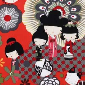 Kaori Kokeshi Print on Red Fabric Two Yards (1.8m) 52/AC 