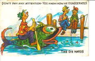 Fishing Big Fish comic art vintage funny postcard  