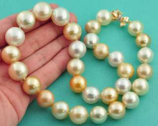 Multi Color South Sea Round Pearl Necklace 18 14K Gold Diamond Clasp 