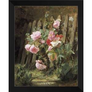  Lauron FRAMED Art 26x32 Pink Roses By A Garden Fence 