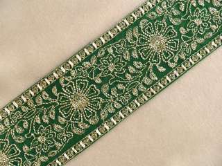 Wide, Embroidered, Iron On Trim. 3 Yards. Gold on Green  