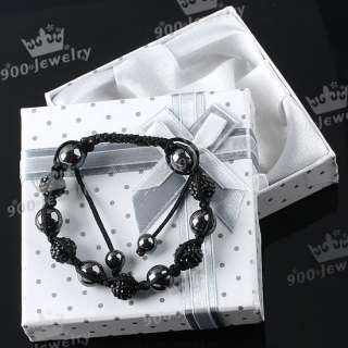 Black Crystal Hematite Resin Disco Pave Ball Macrame Fashion Bracelet 