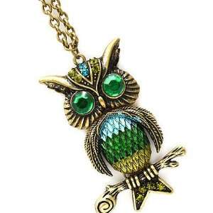 Fancy Large Burnished Gold Tone Green Teal Blue Owl Pendant Charm 30 